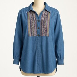 Vtg KORET Embroidered Denim Shirt Long Sleeve Button 16 XL Western Cottagecore